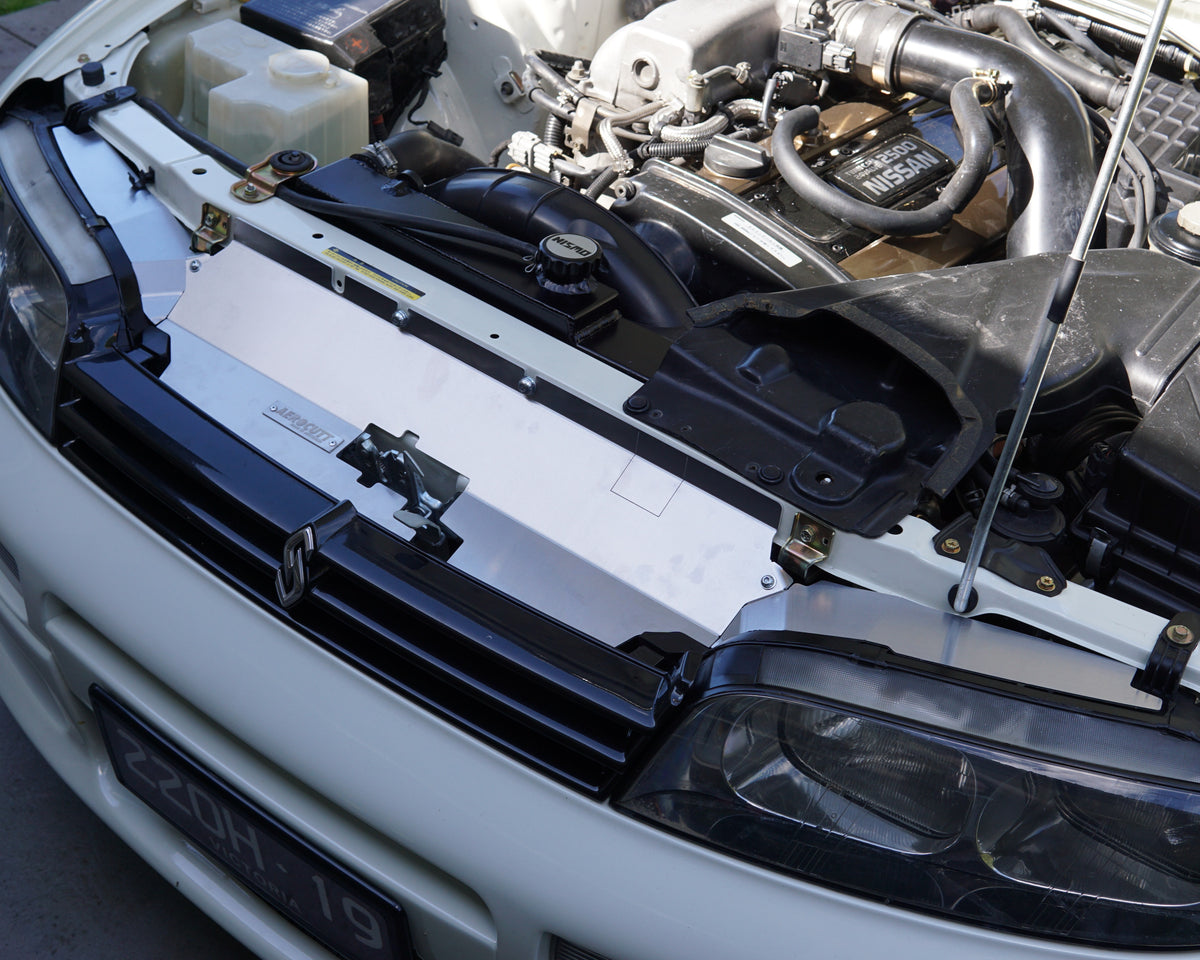 Nissan Skyline R33 Series 1 Gts-t front engine bay area with an Aerocutt aluminium cooling panel set installed