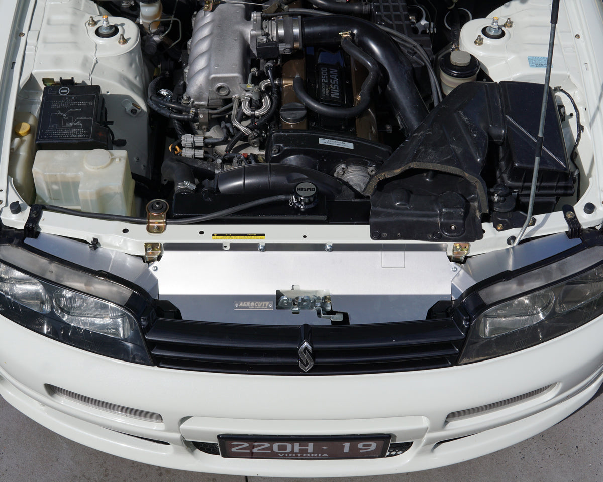 Nissan Skyline R33 Series 1 Gts-t front engine bay area with Aerocutt aluminium cooling panels installed