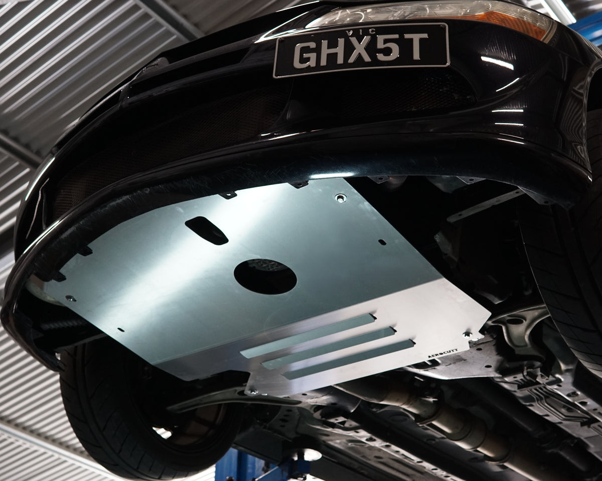 Mitsubishi Evolution 9 IX front underside with Aerocutt aluminium vented skid plate installed