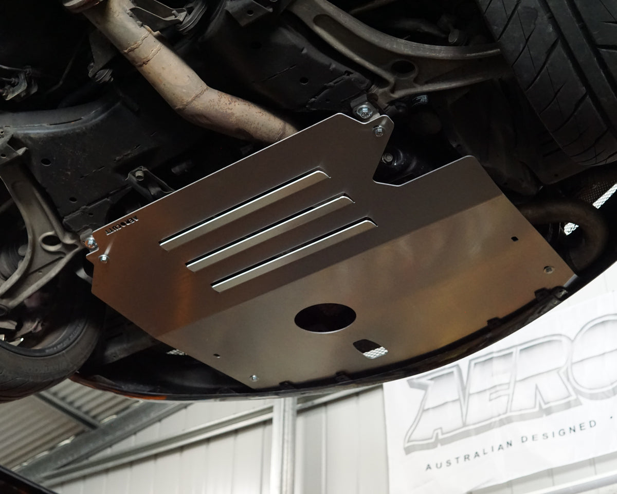 Mitsubishi Evolution 8 VIII front underside with Aerocutt aluminium bash plate installed