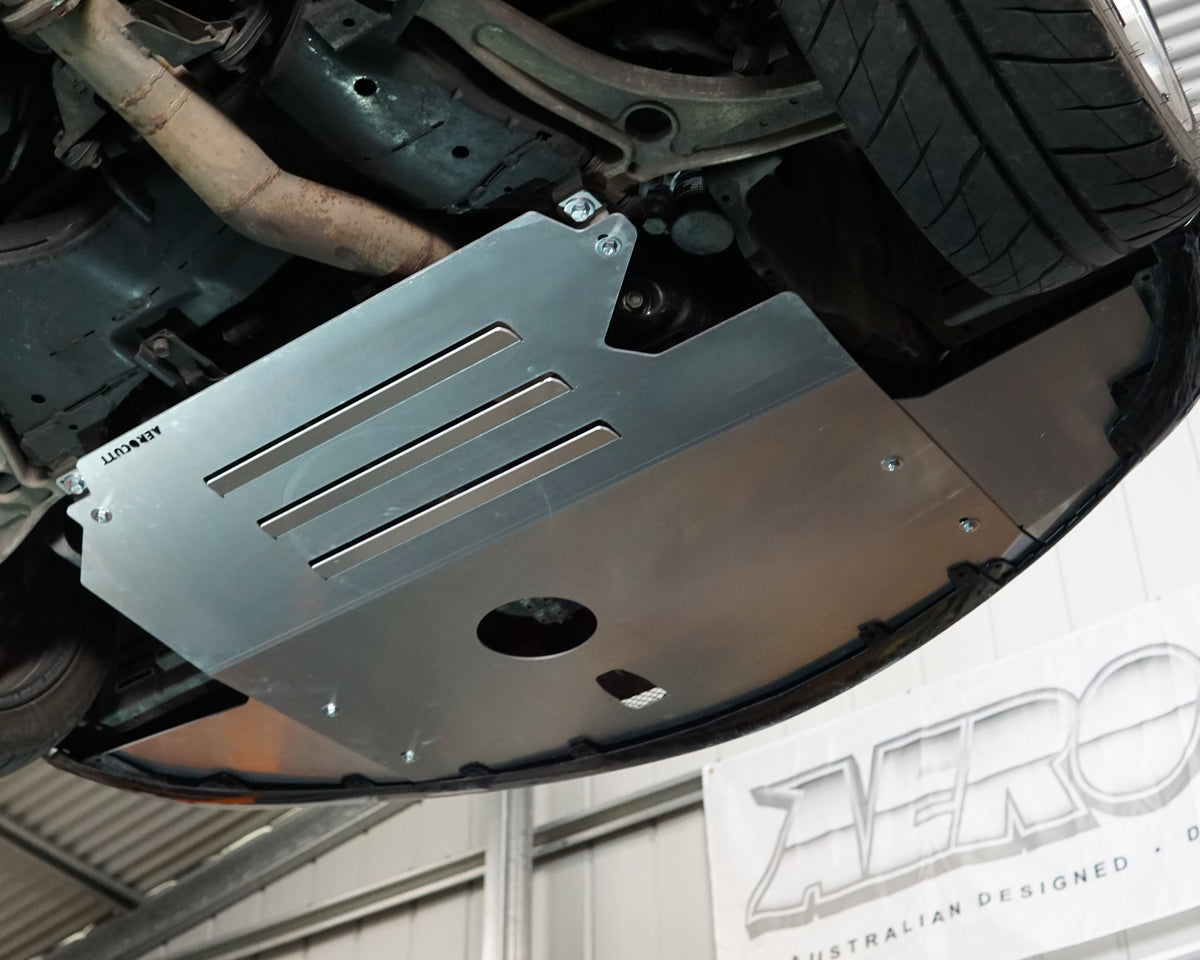 Mitsubishi Evolution 8 VIII front undercarriage with Aerocutt aluminium vented skid plate installed