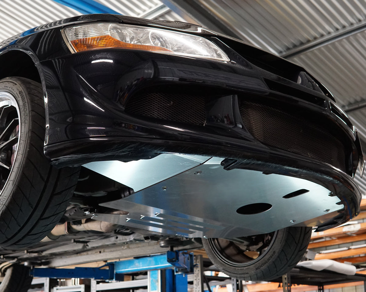 Mitsubishi Evolution 7 VII front underside with Aerocutt aluminium vented skid plate installed