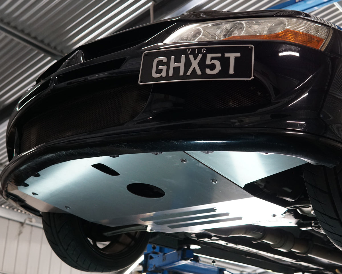 Mitsubishi Evolution 8 CT9A front underside with Aerocutt aluminium vented skid plate installed