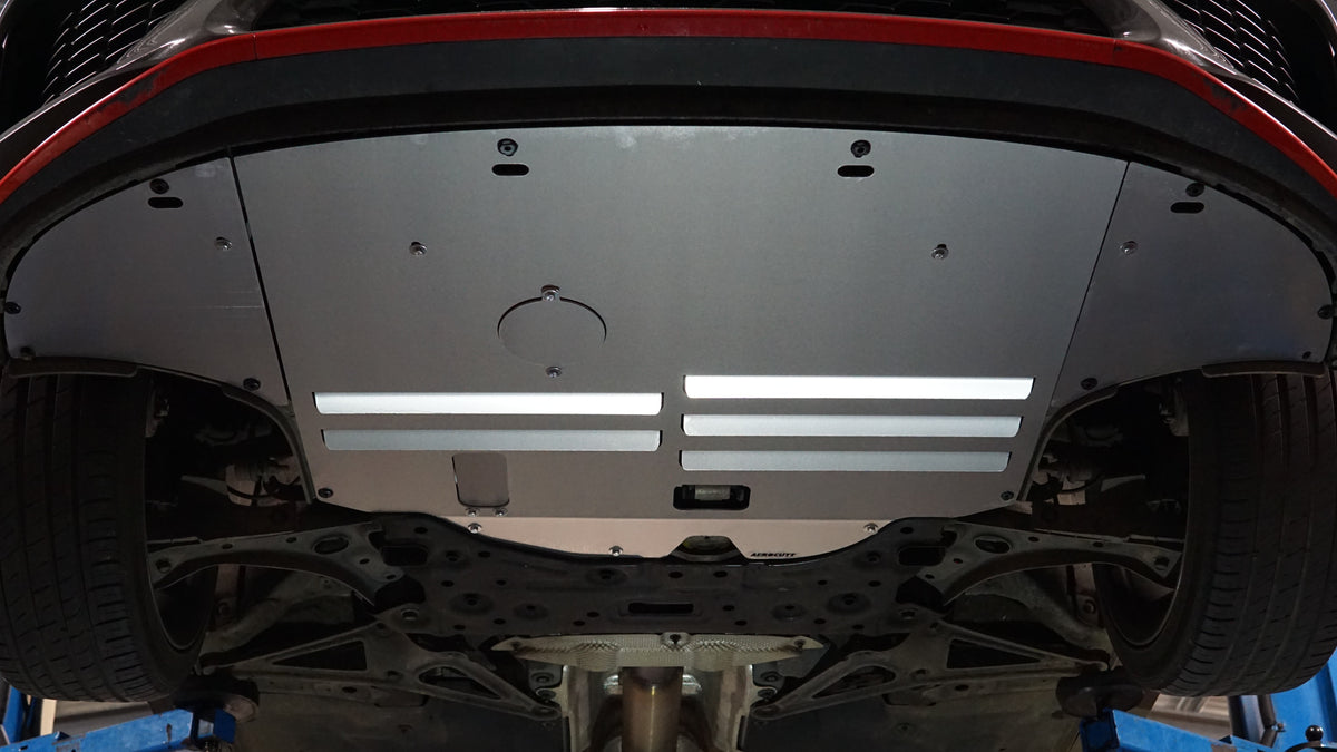 i30N PDE Facelift front underside covered by an Aerocutt aluminium skid plate undertray replacement