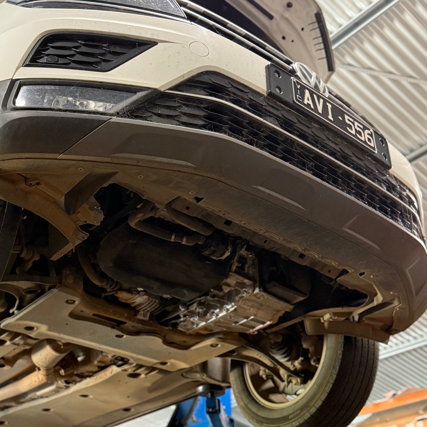 Volkswagen Tiguan underside with skid plate removed