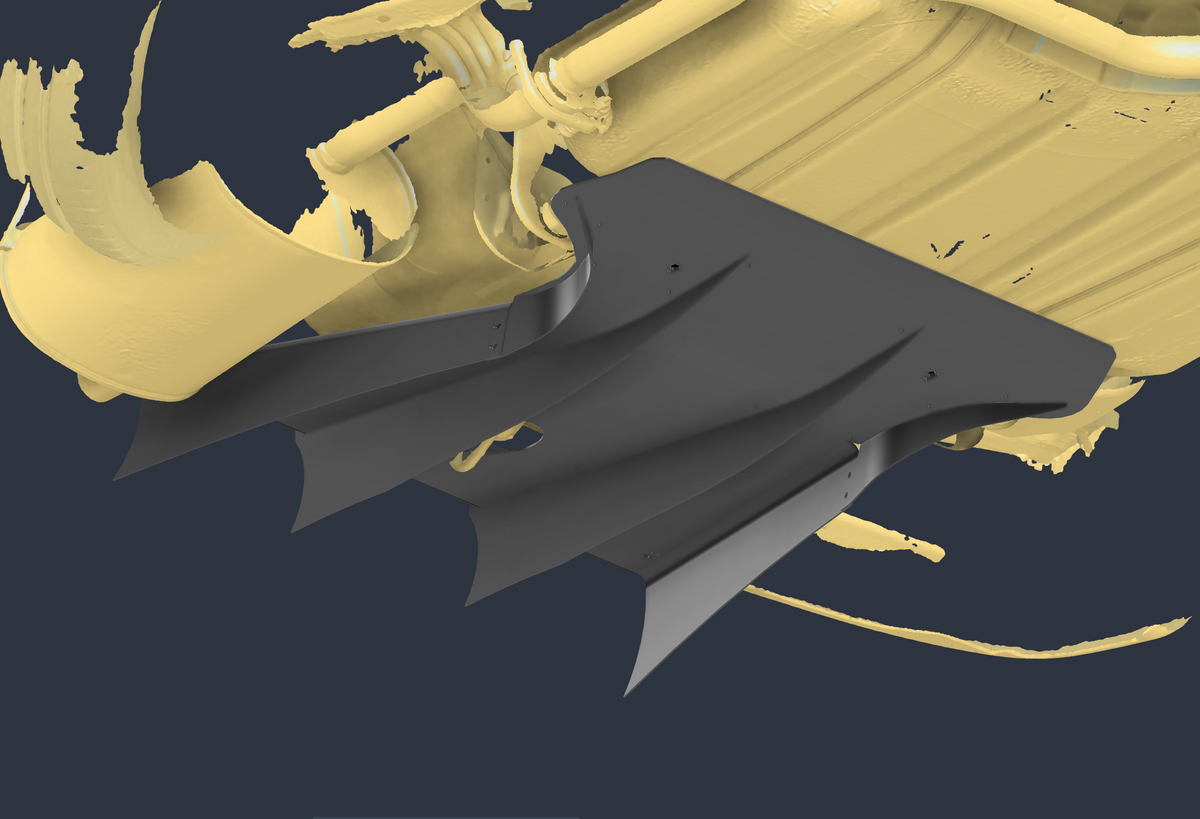 A diffuser aerodynamic wing or diffuser panel shown in isolation against a dark navy background, with a pale yellow 3D vehicle-body render behind it.