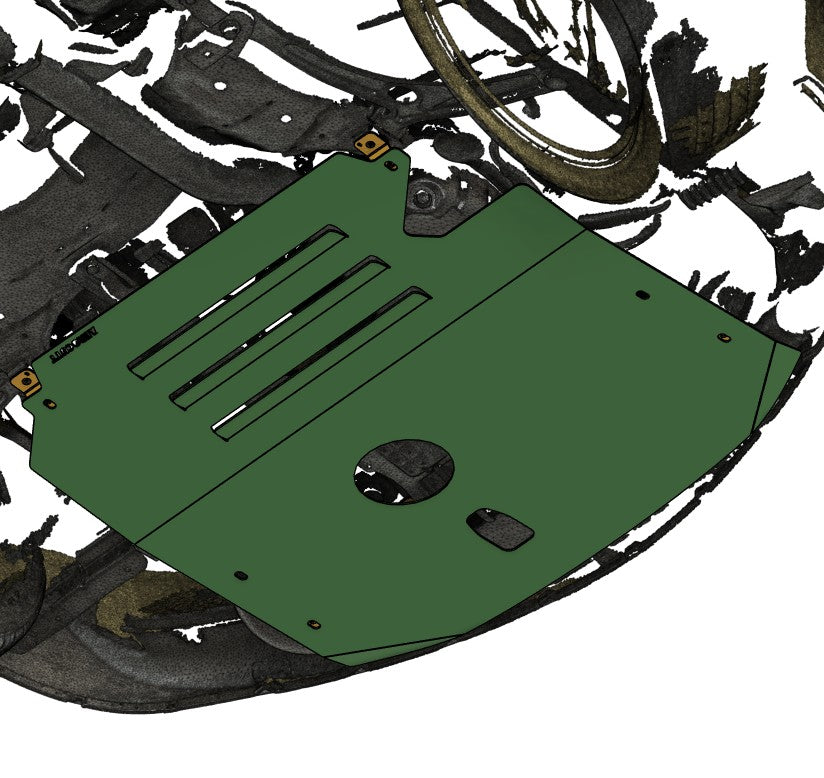 Underneath mitsubishi evo 8 with aftermarket aluminium skid plate installed for cooling help