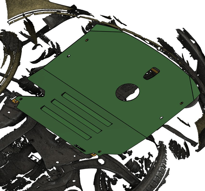 Underneath mitsubishi evo 8 with aftermarket aluminium skid plate installed for aerodynamics