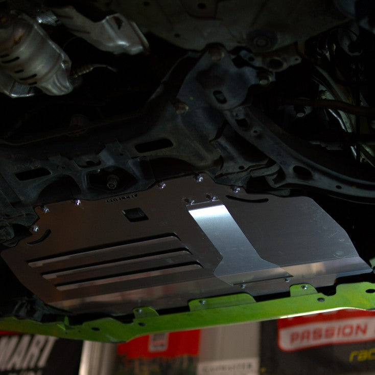 Honda Jazz GE underbody showing an Aerocutt aluminium undertray installed