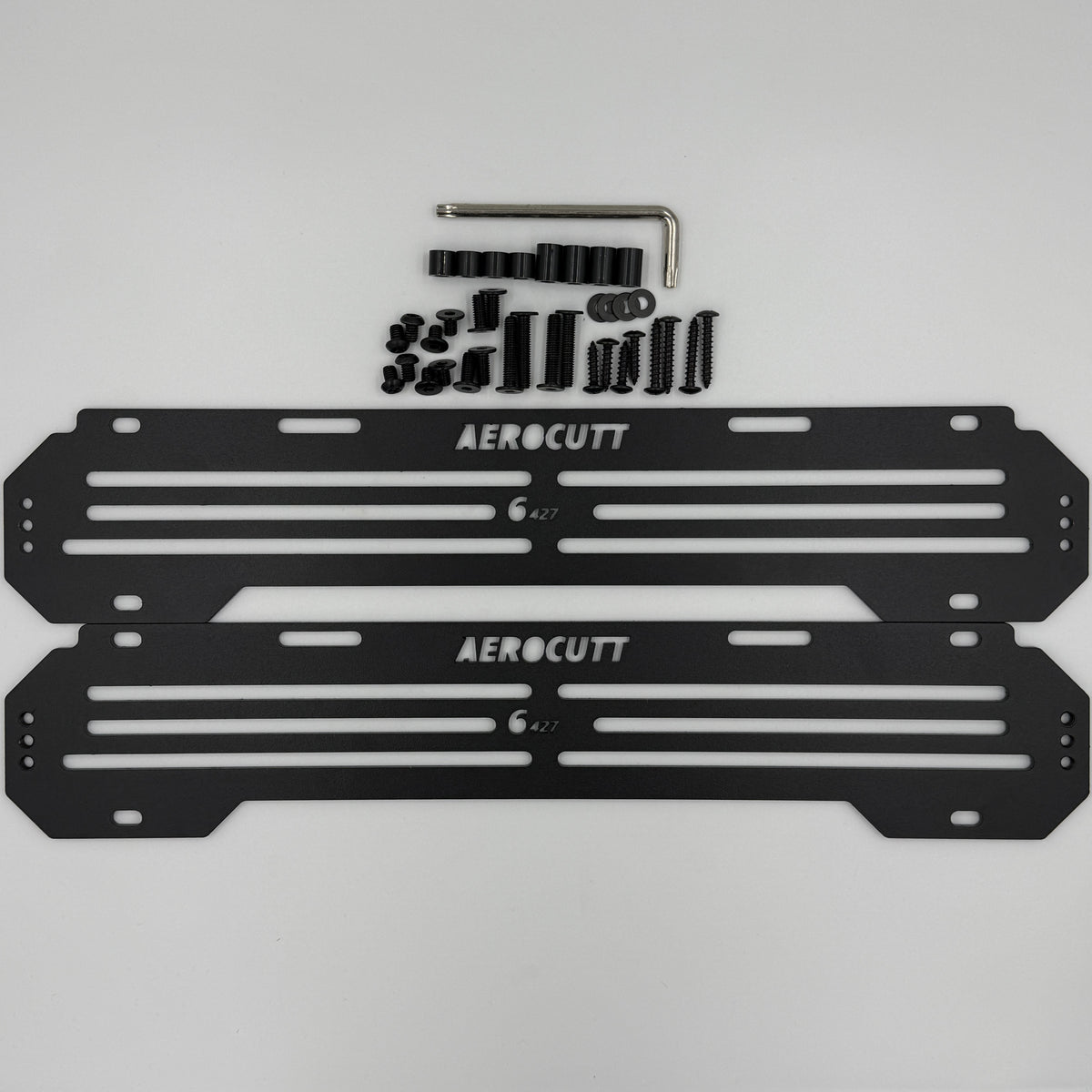 Aerocutt Victorian Heritage Number Plate Adapter pair shown in powder coated black with all haradware and fasteners included
