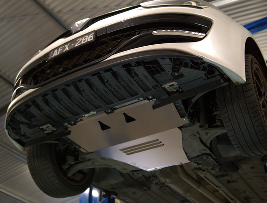megane rs on hoist showcasing underbody protection 