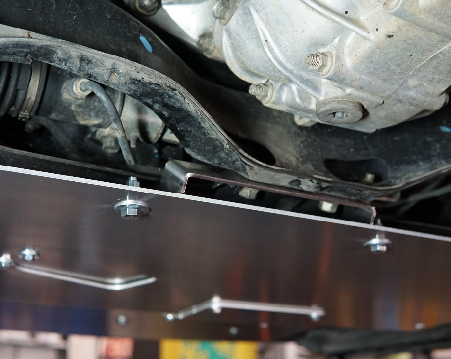 Subaru Impreza G3 WRX Underneath with Aerocutt Skid Plate Installed Showing Mounting Bracket
